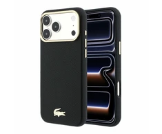 Lacoste PU oda Champs Elysees auksinis logotipas MagSafe dėklas, skirtas iPhone 18 Pro, juodos spalvos