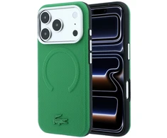 Lacoste PVC Petit Pique pusiau uždengiamas reljefinis MagSafe dėklas, skirtas iPhone 18 Pro, Estragon spalvos