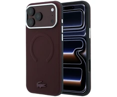 Lacoste PVC Petit Pique pusiau uždengiamas reljefinis MagSafe dėklas, skirtas iPhone 18 Pro, bordo spalvos