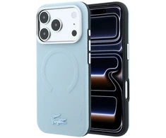 Lacoste PVC Petit Pique pusiau uždengiamas reljefinis MagSafe dėklas, skirtas iPhone 18 Pro, mėlynas