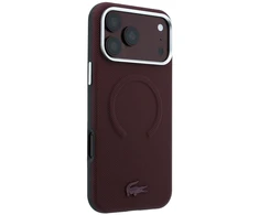 Lacoste PVC Petit Pique pusiau uždengiamas reljefinis MagSafe dėklas, skirtas iPhone 18 Pro Max, bordo spalvos
