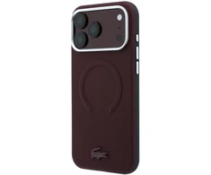 Lacoste PVC Petit Pique pusiau uždengiamas reljefinis MagSafe dėklas, skirtas iPhone 18 Pro Max, bordo spalvos