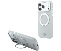 Lacoste PVC Petit Pique pusiau uždengiamas dėklas su žiediniu stovu ir MagSafe funkcija, skirtas iPhone 18 Pro, šviesiai pilkas