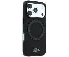 Lacoste PVC Petit Pique pusiau uždengiamas dėklas su žiediniu stovu ir MagSafe funkcija, skirtas iPhone 18 Pro Max, juodas