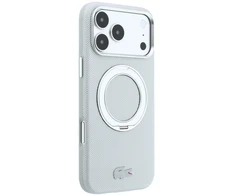 Lacoste PVC Petit Pique pusiau uždengiamas dėklas su žiediniu stovu ir MagSafe funkcija, skirtas iPhone 18 Pro, šviesiai pilkas