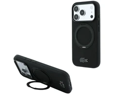 Lacoste PVC Petit Pique pusiau uždengiamas dėklas su žiediniu stovu ir MagSafe funkcija, skirtas iPhone 18 Pro, juodas