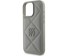 DKNY PU Leather Quilted Stack Logo Apple iPhone 16 Pro dėklas telefonui pilkos spalvos