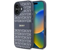 DKNY PU Leather Repeat Pattern Tonal Stripe Apple iPhone 16 dėklas telefonui mėlynos spalvos