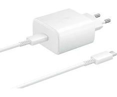 EP-TA845EWE + EP-DW767JWE Samsung 45W Kelioninis įkroviklis + USB-C/USB-C kabelis baltos spalvos (OOB Bulk pakuotė)