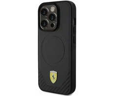 Ferrari FEHMP15LPTEK Apple iPhone 15 Pro 6.1″ juodos spalvos kietas dėklas Carbon Metal Logo MagSafe