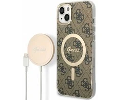 Guess set telefono dėklas + pakrovėjas iPhone 14 Plus 6,7 GUBPP14MH4EACSW ruda hard telefono dėklas 4G Print MagSafe