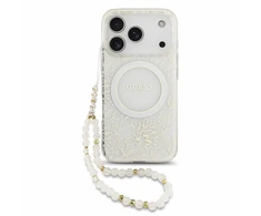 Dėklas Guess IML Flowers Allover Electroplated with Pearl Strap MagSafe, skirtas iPhone 18 Pro / 17 Pro, baltas
