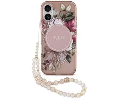 Guess IML Flowers virvelė MagSafe dėklas skirtas Apple iPhone 17 rožinės spalvos