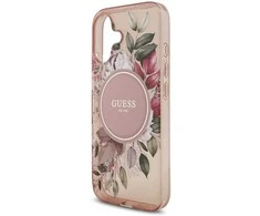Guess IML Flowers virvelė MagSafe dėklas skirtas Apple iPhone 17 rožinės spalvos