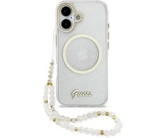 Guess IML Glitter Script Strap MagSafe dėklas skirtas iPhone 17 Transparent