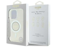 Guess IML Rhinestones Ring MagSafe Apple iPhone 16 Pro dėklas telefonui baltos spalvos