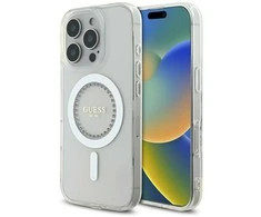Guess IML Rhinestones Ring MagSafe Apple iPhone 16 Pro dėklas telefonui baltos spalvos