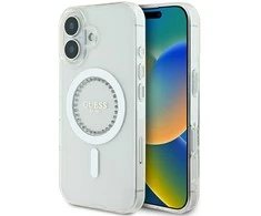 Guess GUHMP16SPFTDTEH Apple iPhone 16 6.1″ baltos spalvos kietas dėklas IML Rhinestones MagSafe