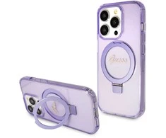 Apple iPhone 15 Pro Guess dėklas Ring Stand Script Glitter MagSafe (GUHMP15LHRSGSU) violetinės spalvos