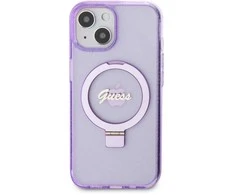 Apple iPhone 15 Plus Guess dėklas Ring Stand Script Glitter MagSafe (GUHMP15MHRSGSU) violetinės spalvos