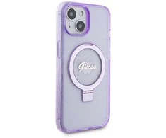 Guess GUHMP15MHRSGSU Apple iPhone 15 Plus/ 14 Plus 6.7″ violetinės spalvos kietas dėklas Ring Stand Script Glitte