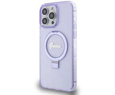 Dėklas Guess Ring Stand Script Glitter MagSafe - Apple iPhone 15 Pro Max Case violetinė