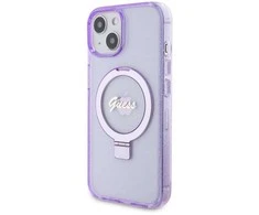Apple iPhone 15 Plus Guess dėklas Ring Stand Script Glitter MagSafe (GUHMP15MHRSGSU) violetinės spalvos
