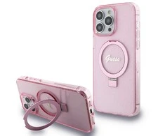 Apple iPhone 15 Pro Guess dėklas Ring Stand Script Glitter MagSafe (GUHMP15LHRSGSP) rožinės spalvos