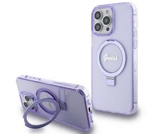 Dėklas Guess Ring Stand Script Glitter MagSafe - Apple iPhone 15 Pro Max Case violetinė