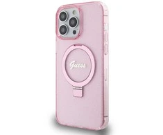 Apple iPhone 15 Pro Guess dėklas Ring Stand Script Glitter MagSafe (GUHMP15LHRSGSP) rožinės spalvos