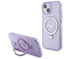 Guess GUHMP15MHRSGSU Apple iPhone 15 Plus/ 14 Plus 6.7″ violetinės spalvos kietas dėklas Ring Stand Script Glitte