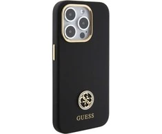 Guess Liquid Silicone 4G Strass Metal Logo dėklas telefonui Apple iPhone 15 Pro juodos spalvos