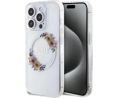 GUESS GUHMP15XHFWFFCT IPHONE 15 PRO MAX 6,7 col. permatomas kietas dėklas IML FLOWERS WREATCH MAGSAFE
