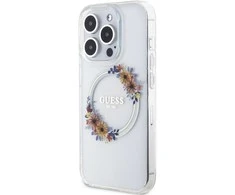 GUESS GUHMP15XHFWFFCT IPHONE 15 PRO MAX 6,7 col. permatomas kietas dėklas IML FLOWERS WREATCH MAGSAFE