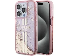 Apple iPhone 15 Pro Guess dėklas Liquid Glitter Gold Stripes (GUHCP15LLFCSEGP) rožinės spalvos