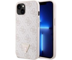 Guess PU 4G Strass Triangle Metal Logo dėklas skirtas Apple iPhone 15 rožinės spalvos
