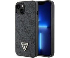 Guess PU 4G Strass Triangle Metal Logo dėklas skirtas Apple iPhone 15 juodos spalvos