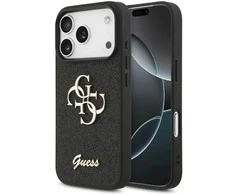 Guess PU Fixed Glitter 4G Metal Logo dėklas skirtas Apple iPhone 17 Pro juodos spalvos