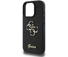 Guess PU Fixed Glitter 4G Metal Logo dėklas skirtas Apple iPhone 16 Pro Max juodos spalvos