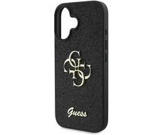 Guess PU Fixed Glitter 4G Metal Logo dėklas skirtas Apple iPhone 16 juodos spalvos
