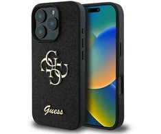 Guess PU Fixed Glitter 4G Metal Logo dėklas skirtas Apple iPhone 16 Pro Max juodos spalvos