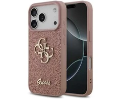 Guess PU Fixed Glitter 4G Metal Logo dėklas skirtas Apple iPhone 17 Pro rožinės spalvos