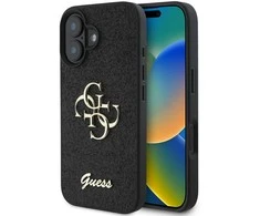 Guess PU Fixed Glitter 4G Metal Logo dėklas skirtas Apple iPhone 16 juodos spalvos