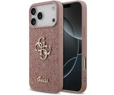 Guess PU Fixed Glitter 4G Metal Logo dėklas skirtas Apple iPhone 17 Pro Max rožinės spalvos
