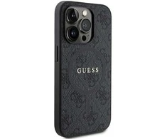 Dėklas Guess Apple iPhone 15 Pro 4G Collection Odinis Metalinis Logotipas MagSafe Juodas | ATSPĖK