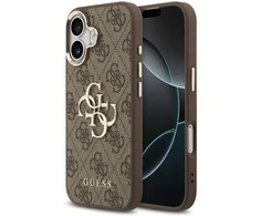 Guess PU Leather 4G Metal Logo Gold Frame dėklas skirtas Apple iPhone 17 rudos spalvos