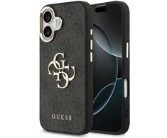 Guess PU Leather 4G Metal Logo Gold Frame dėklas skirtas Apple iPhone 17 juodos spalvos