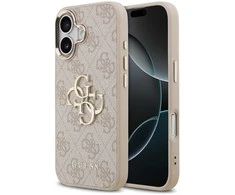 Guess PU Leather 4G Metal Logo Gold Frame dėklas skirtas Apple iPhone 17 rožinės spalvos