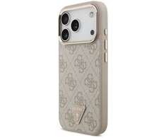 Dėklas Guess PU Leather 4G Strass Triangle Logo Gold Frame MagSafe Case for iPhone 18 Pro Rožinė