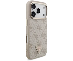 Guess PU odos 4G Strass trikampis logotipas auksiniu rėmeliu MagSafe dėklas iPhone 18 Pro rožinės spalvos